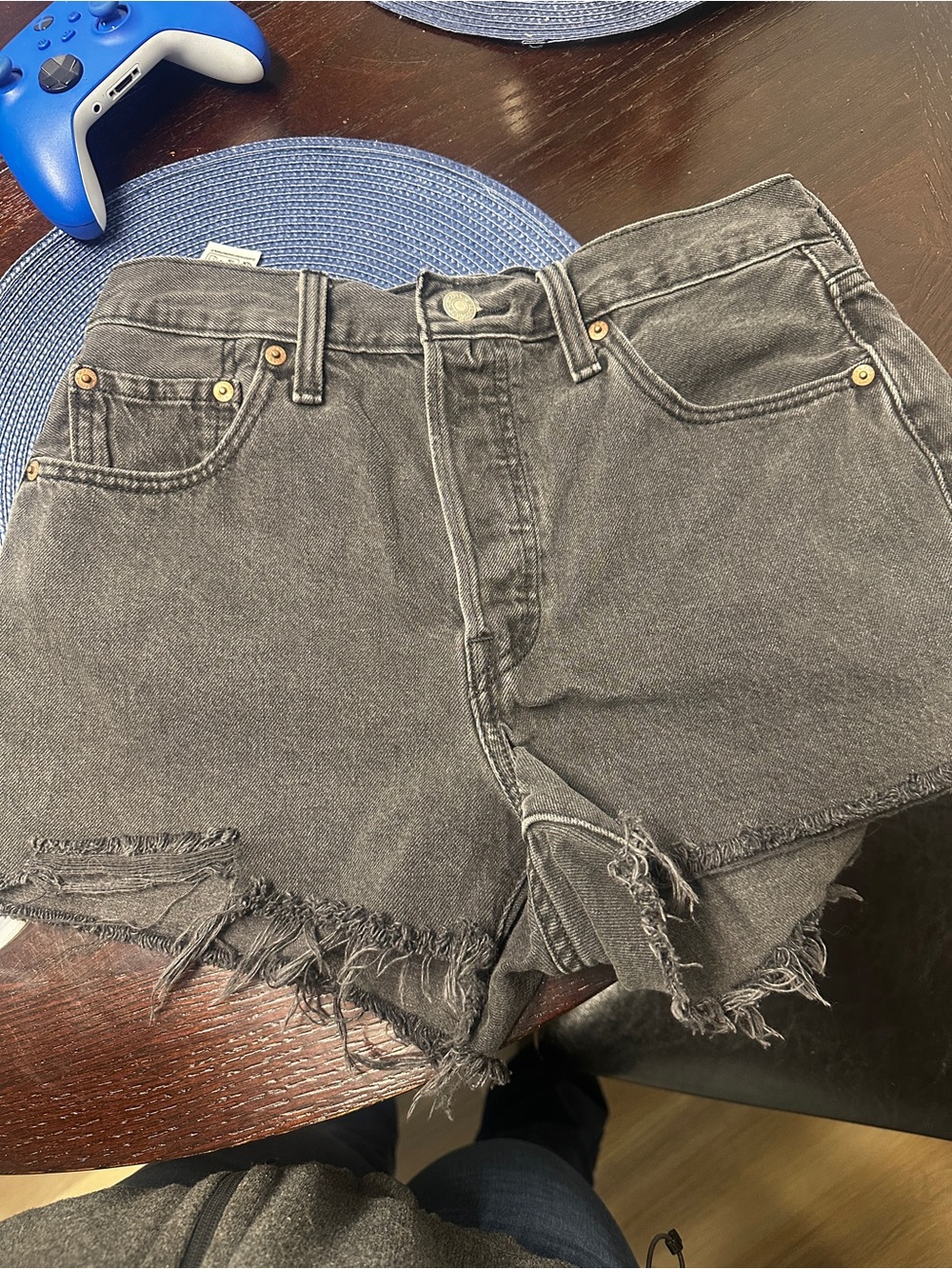 Washed Black High-Rise Levi button up Shorts with Frayed Hem